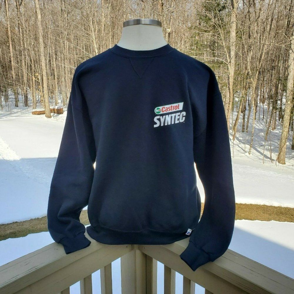 Russell Athletic Castrol Syntex Large Graphic L Vintage 90s Black Sweatshirt USA - Picture 2 of 10
